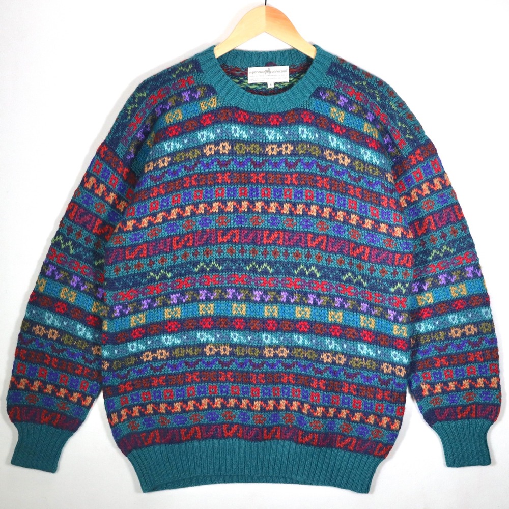 Peruvian Connection Sweater Womens M Teal Fair Isle 100% Alpaca Handmade Peru